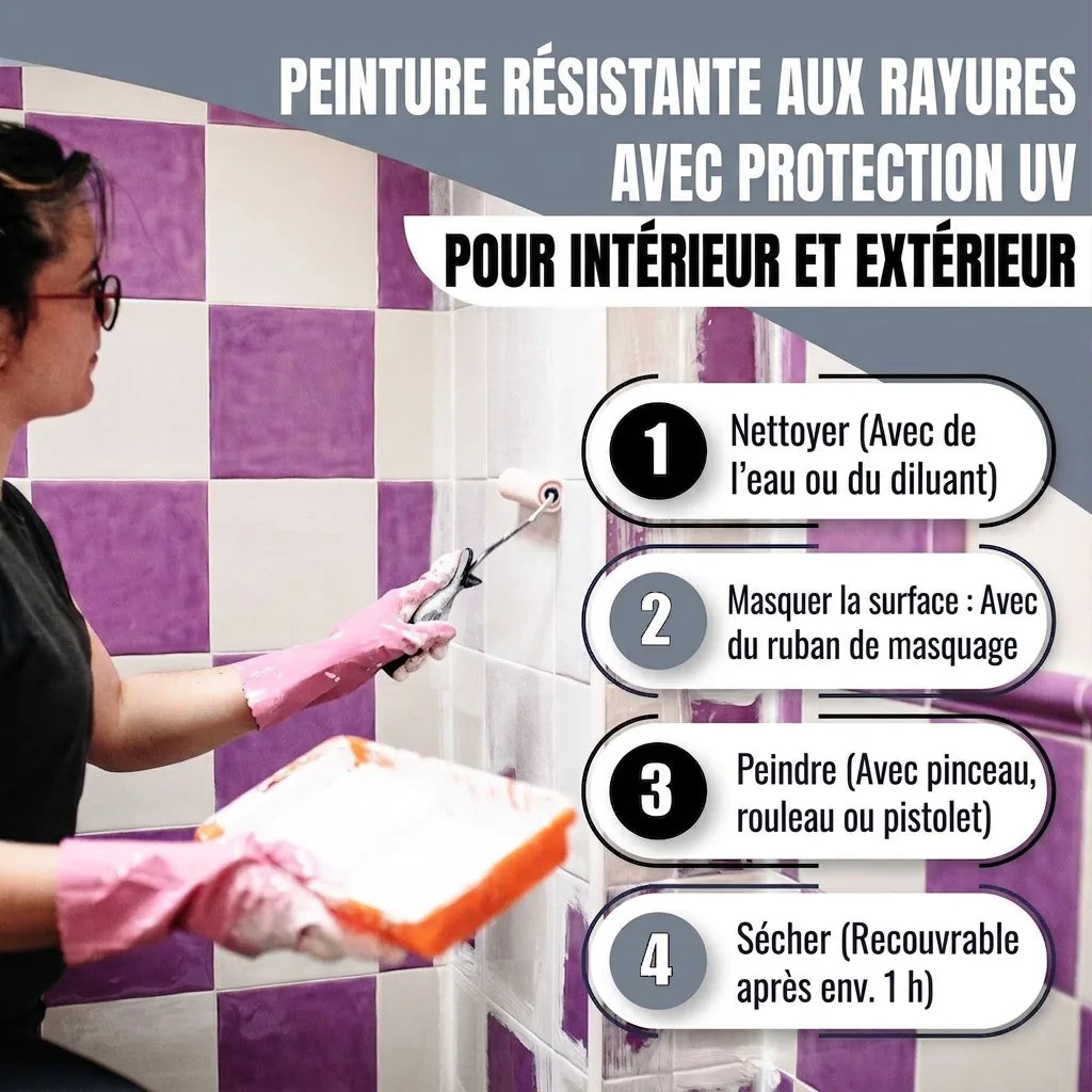 Femme peignant des carreaux, étapes d'application de la peinture anti-rayures UV pour intérieur/extérieur.