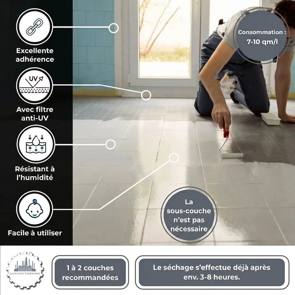 Un homme peint des carreaux. Infos produit : excellente adhérence, anti-UV, résistant à l'humidité, simple, sans primaire, séchage 3-8h.
