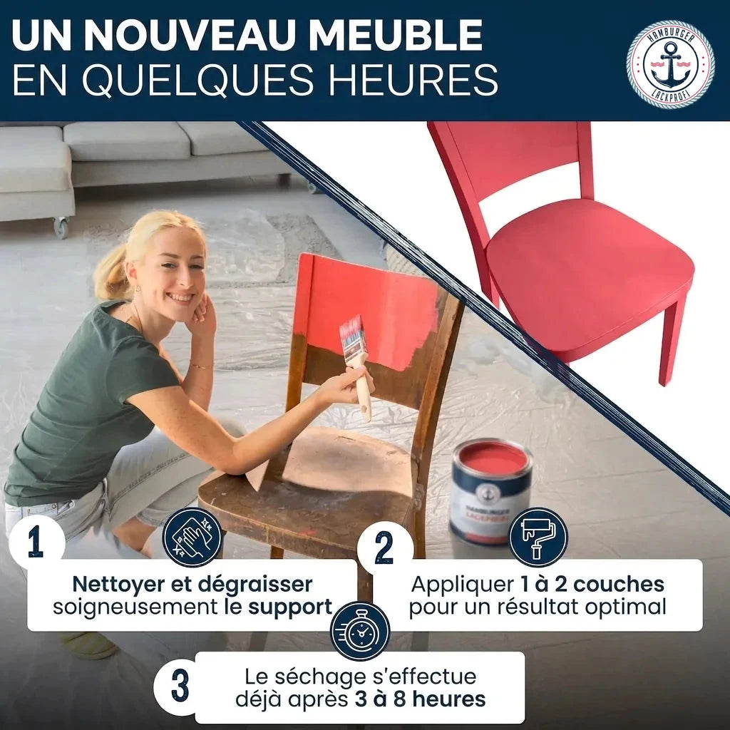 Femme peignant une chaise, montrant la transformation rapide d'un meuble. Instructions incluses.