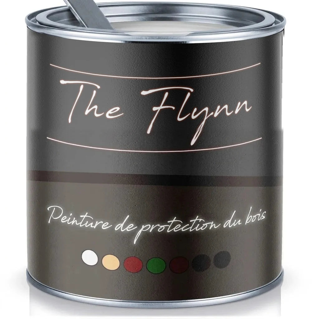 Pot de peinture noir mat 'The Flynn' pour la protection du bois, avec des échantillons de couleur.