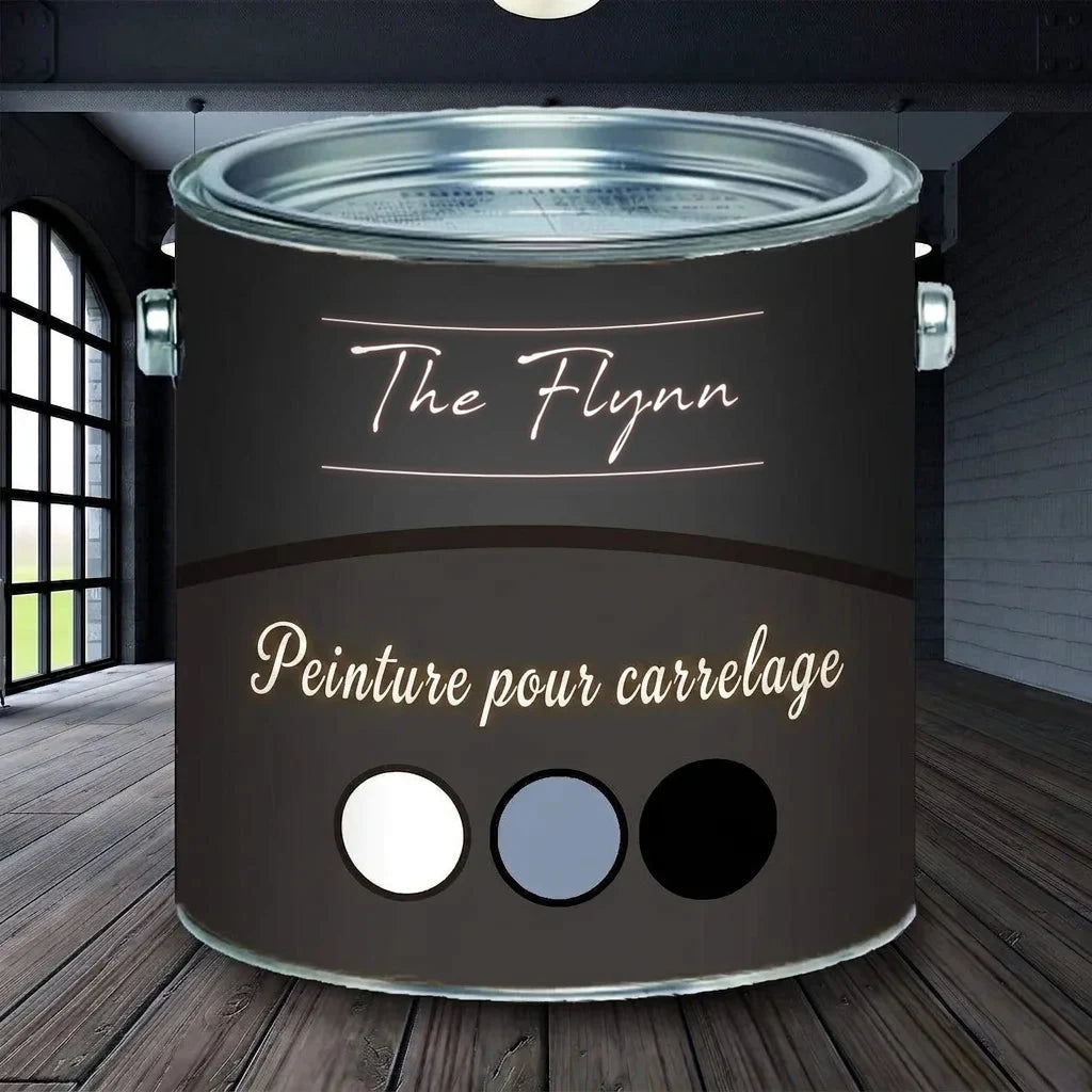 Pot de peinture The Flynn Fliesenlack noir, options blanc, gris et noir, dans un intérieur moderne.
