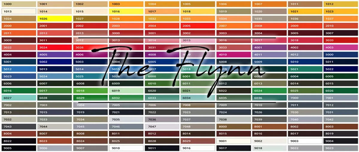 Nuancier de couleurs avec codes numériques, présentant une large gamme de teintes et le texte 'The Flynn' en surimpression.