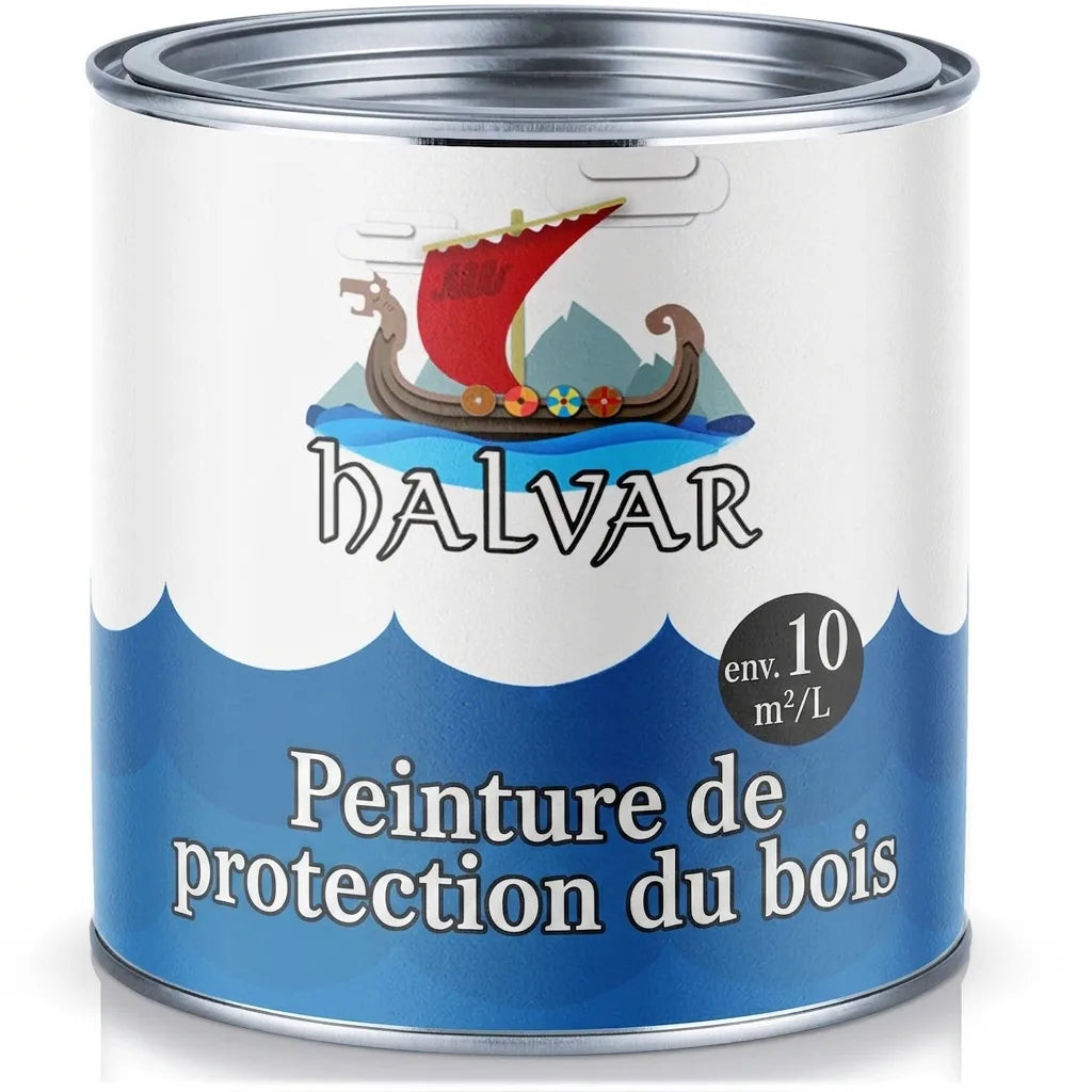 Pot de peinture bois HALVAR avec logo de drakkar. Couverture env. 10 m²/L.