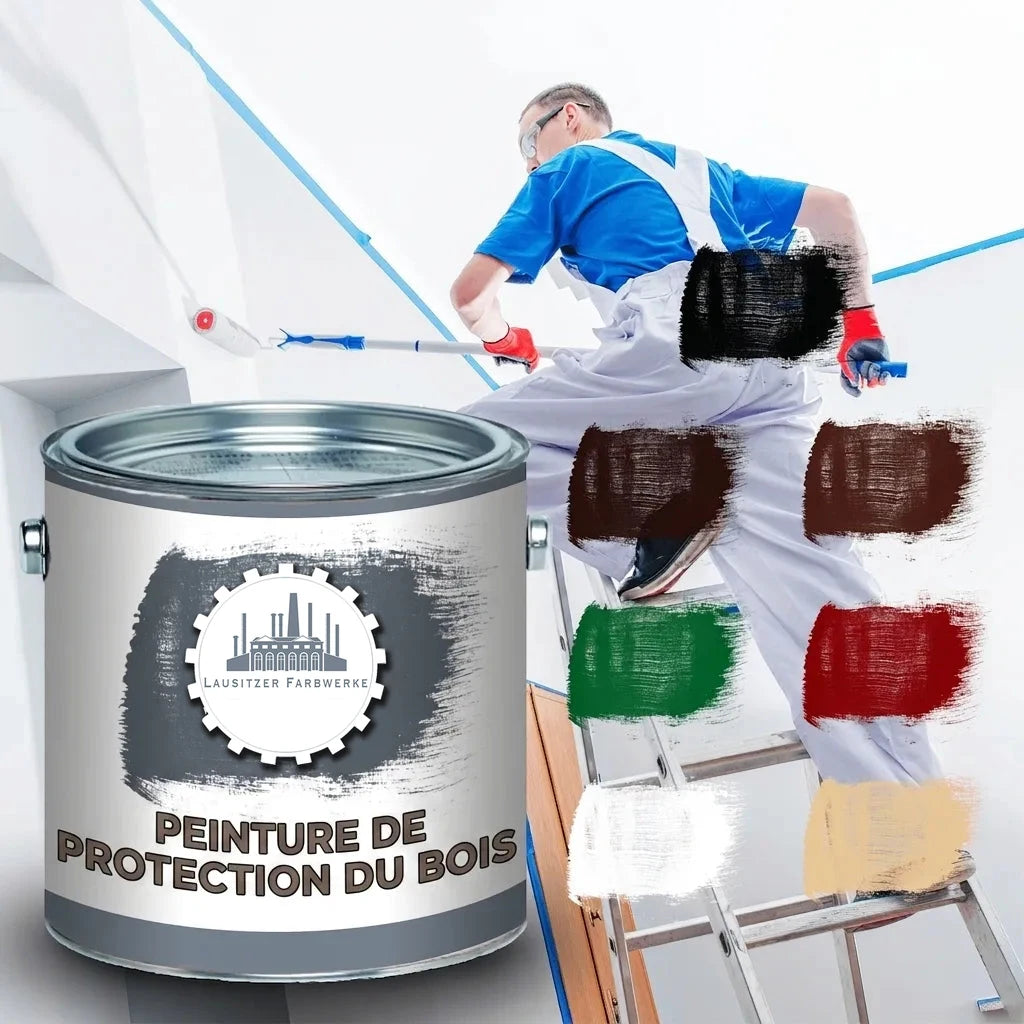 Peintre sur échelle avec pot de peinture HOLZSCHUTZFARBE et échantillons de couleurs variées (noir, marron, vert, rouge, blanc, beige).