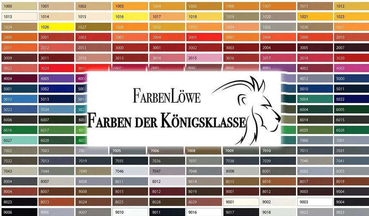 Nuancier de couleurs RAL FarbenLöwe avec codes numériques et le slogan 'FARBEN DER KÖNIGSKLASSE'.