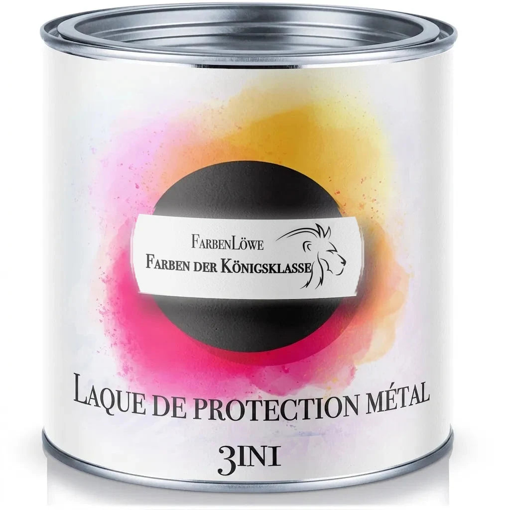 Pot de peinture FarbenLöwe, laque de protection métal 3 en 1, avec texte "Farben der Königsklasse".