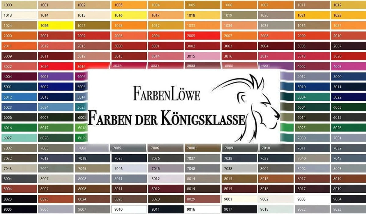 Nuancier de couleurs RAL avec codes et logo 'Farbenlöwe' (Lion des Couleurs) pour des teintes haut de gamme.
