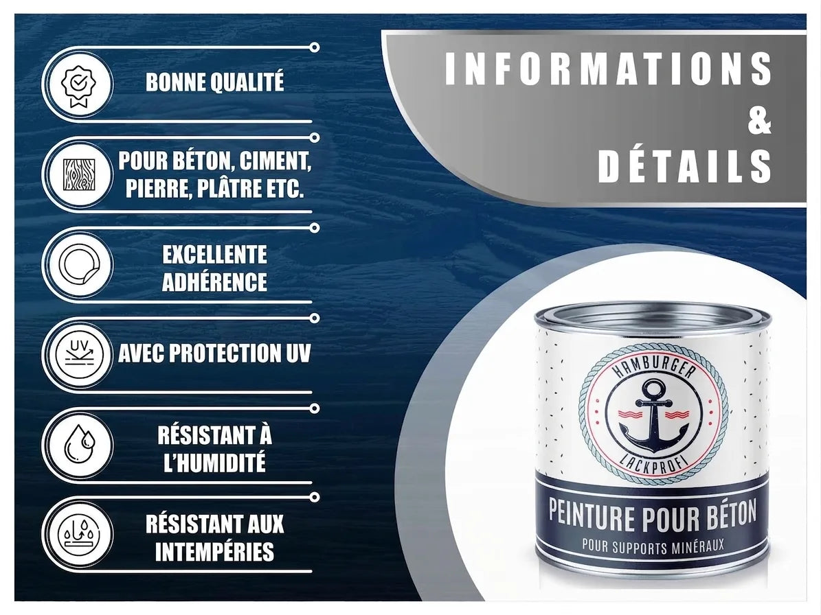 Peinture béton Hamburger Lackprofi. Avantages: bonne qualité, forte adhérence, protection UV, résiste humidité/intempéries.