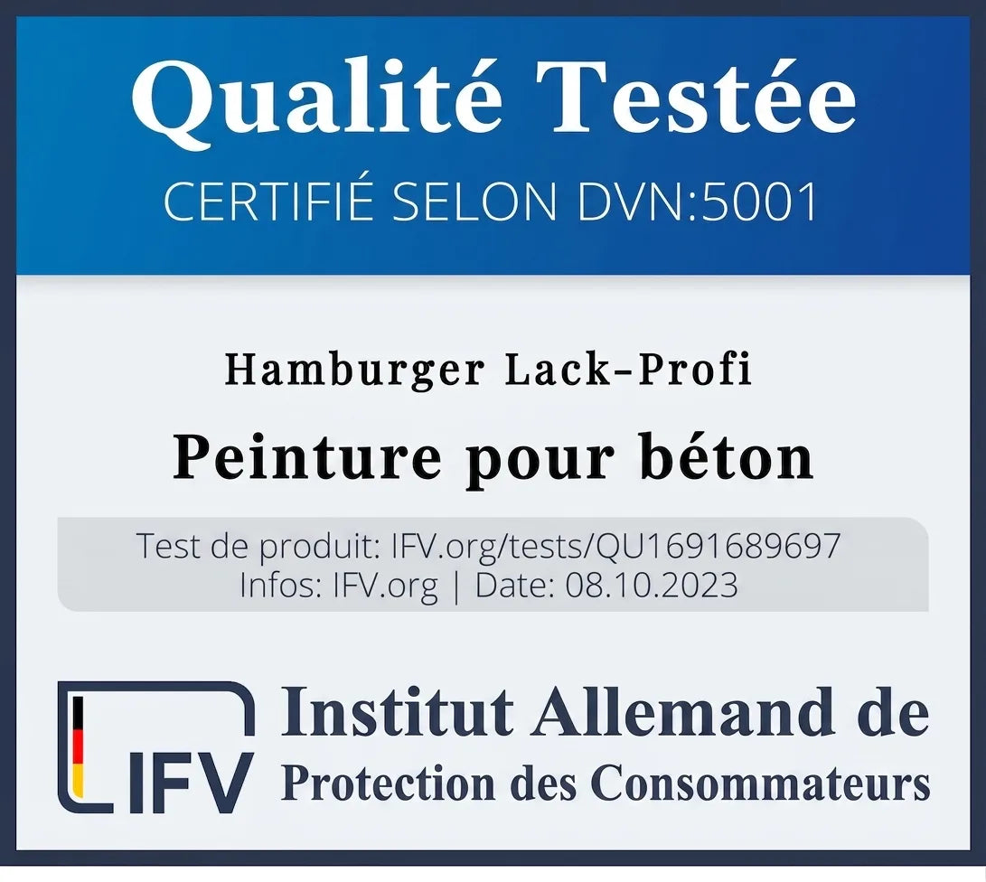 Label qualité certifié DVN:5001 pour peinture béton Hamburger Lack-Profi, Institut Consommateurs Allemand.