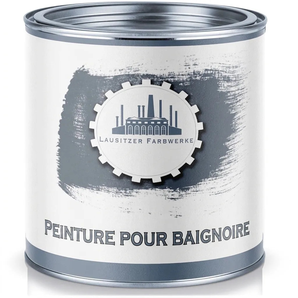 Pot de peinture blanc et gris, marque 'Lausitzer Farbwerke', produit 'Badewannenlack' (peinture pour baignoire).