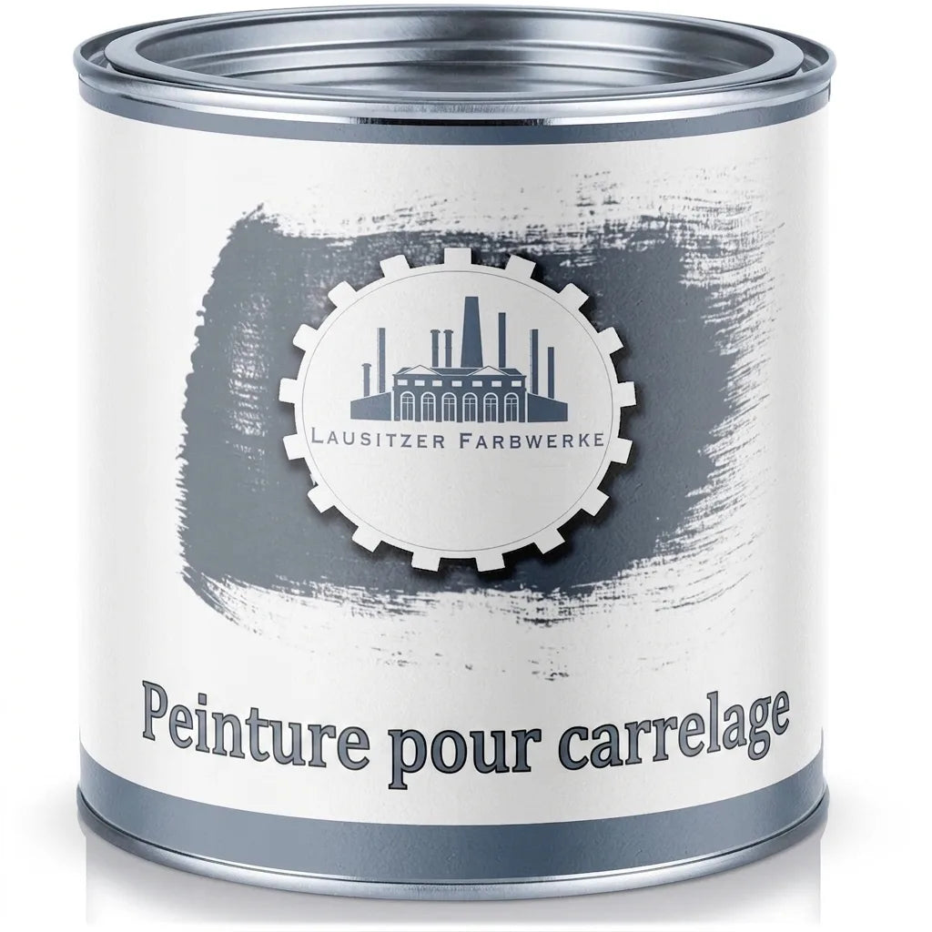 Pot de peinture pour carrelage gris de la marque Lausitzer Farbwerke, texte "FLIESENLACK" sur l'étiquette.