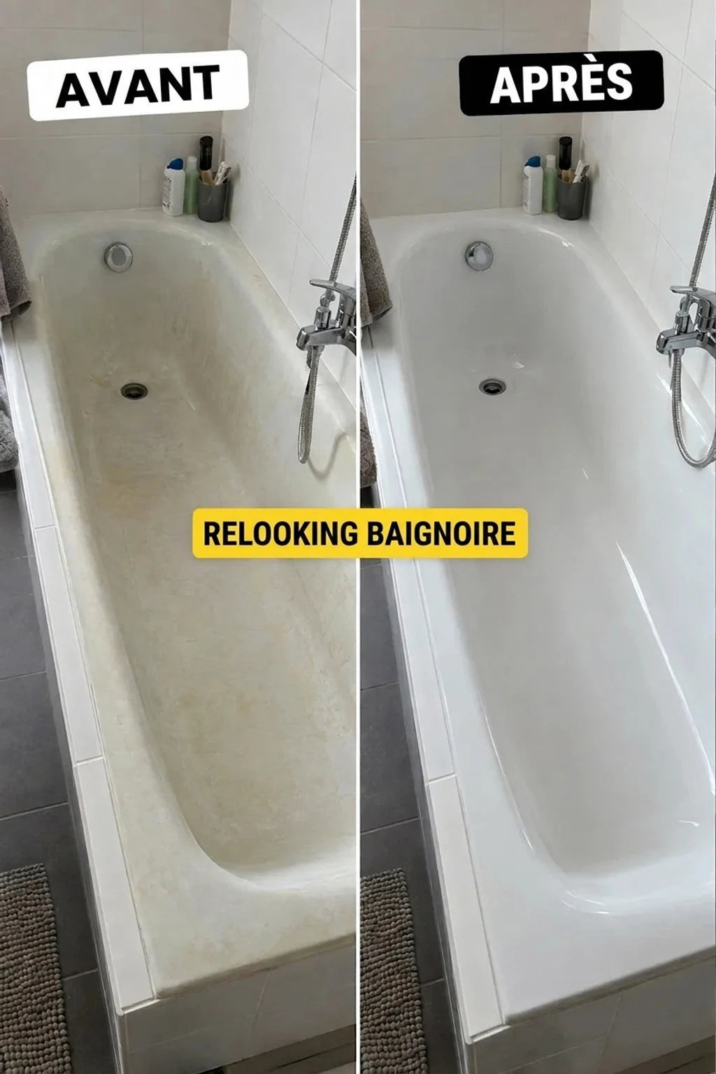 Photo comparative : avant et après rénovation d'une baignoire. Une vieille baignoire sale devenue propre et blanche.