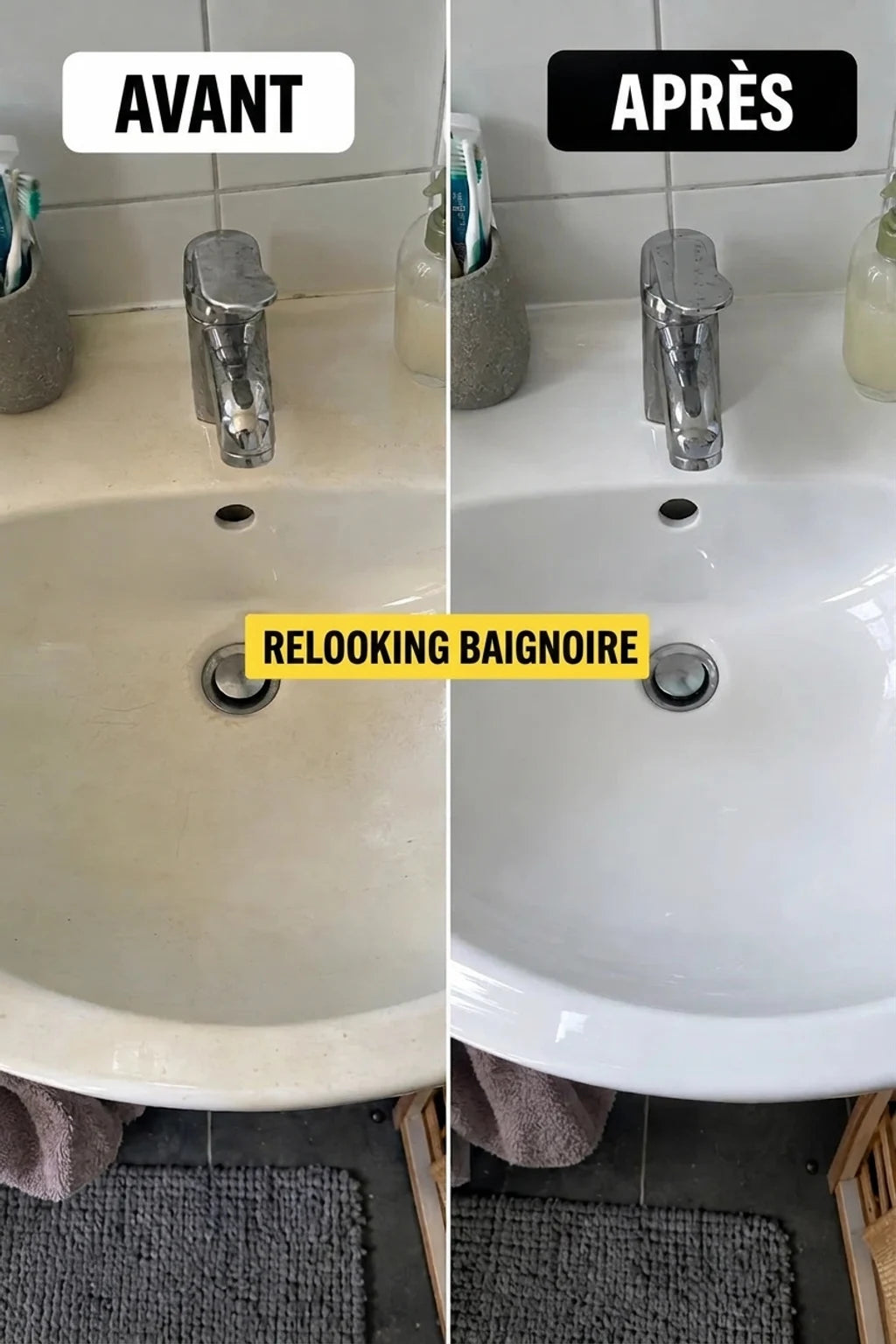 AVANT et APRÈS : Métamorphose d'une baignoire. Une baignoire usée et sale (avant) et parfaitement propre, blanche (après rénovation).
