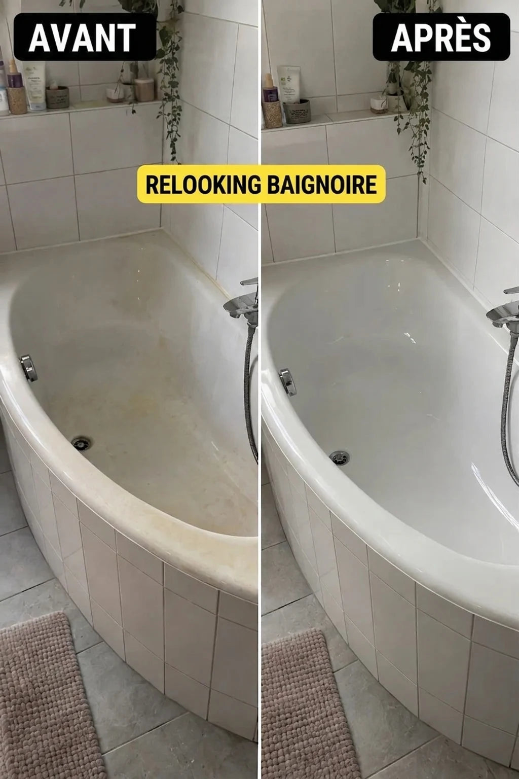AVANT et APRÈS : Métamorphose d'une vieille baignoire jaunie en un blanc propre et éclatant. Rénovation de salle de bains.
