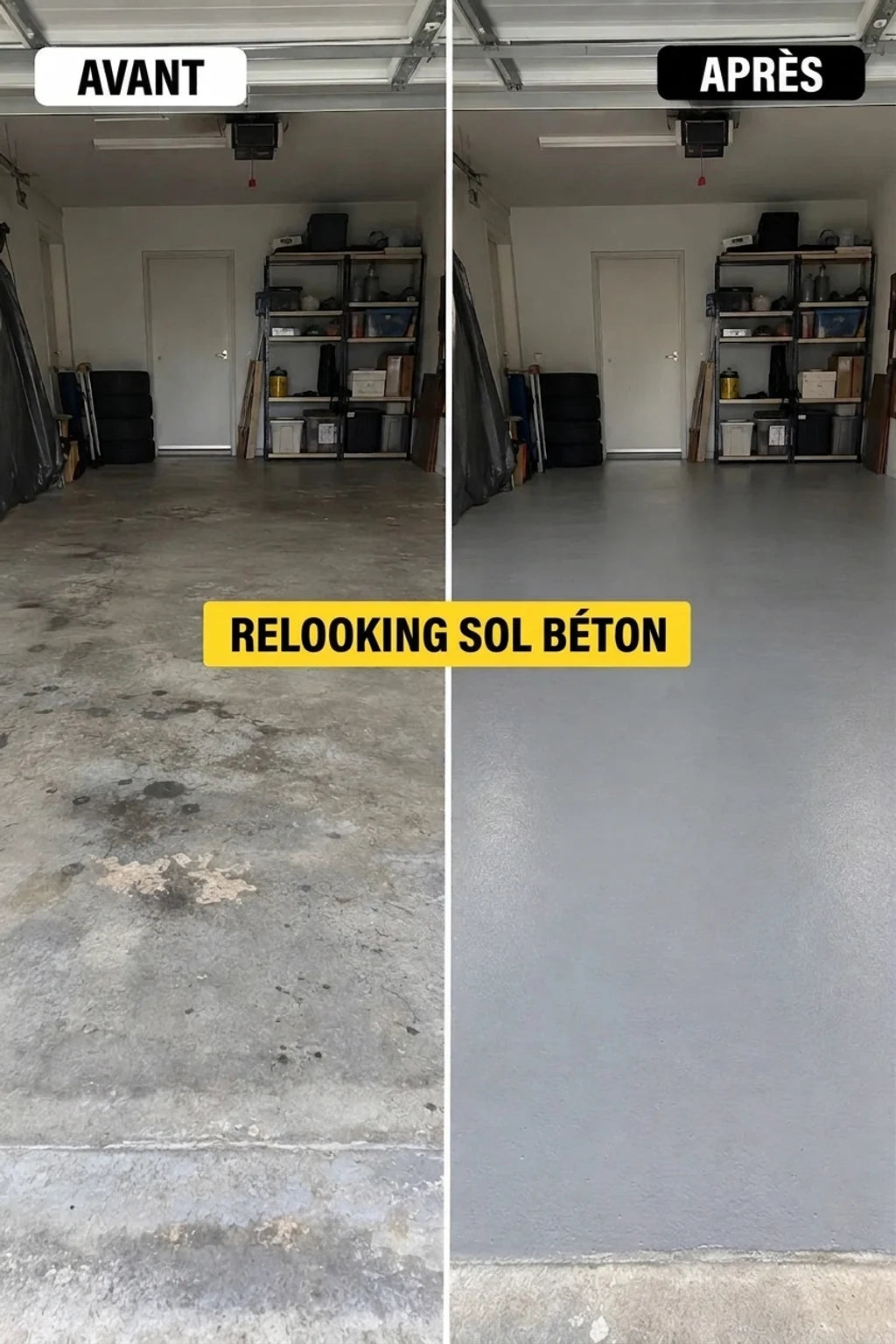 Avant et après rénovation d'un sol en béton de garage, d'un sol sale et taché à un sol propre et gris.