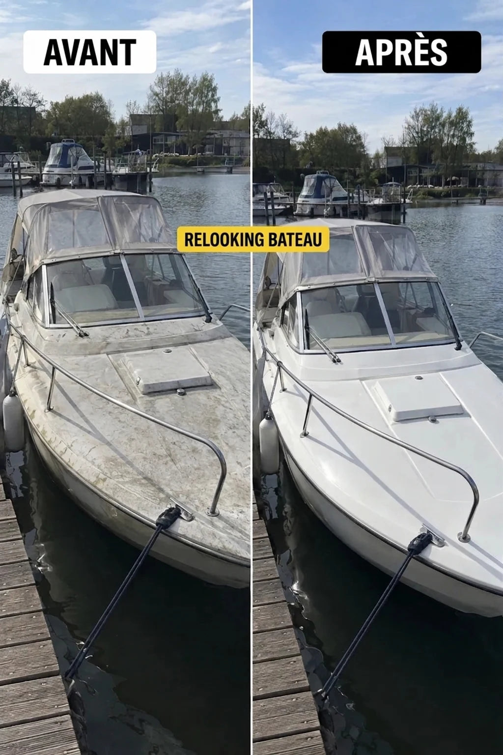 AVANT et APRÈS : Rénovation d'un bateau. Un bateau sale au quai devient propre et brillant, reflétant le soleil.