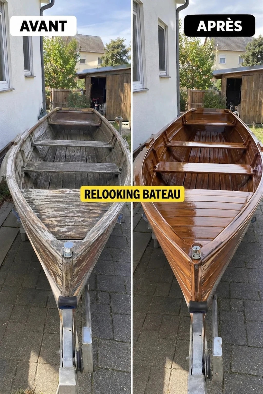 Bateau en bois avant et après rénovation. À gauche, vieux et endommagé ; à droite, rénové et brillant.