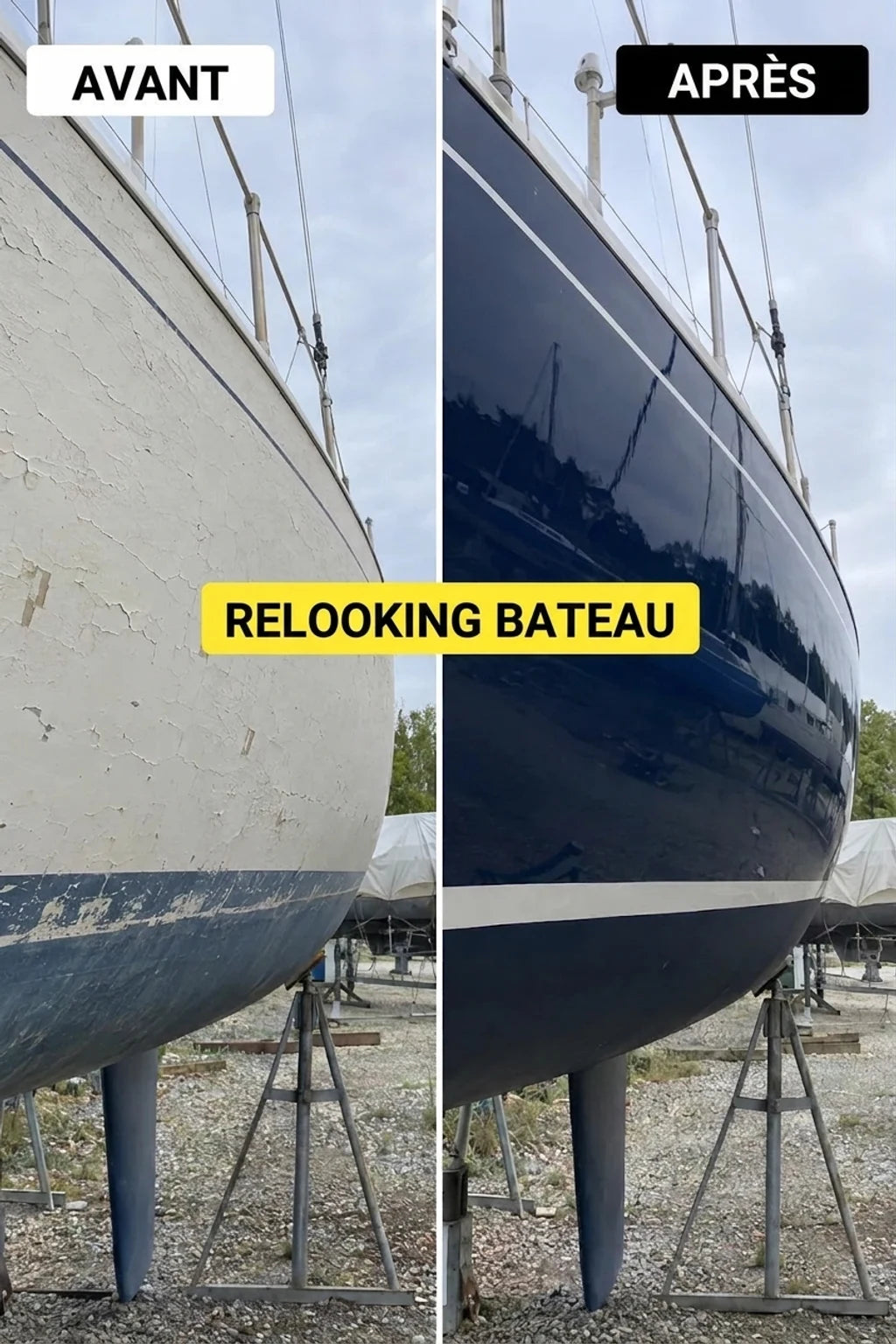 Yacht avant et après rénovation. Avant : coque blanche écaillée. Après : coque bleu foncé brillante avec une bande blanche.