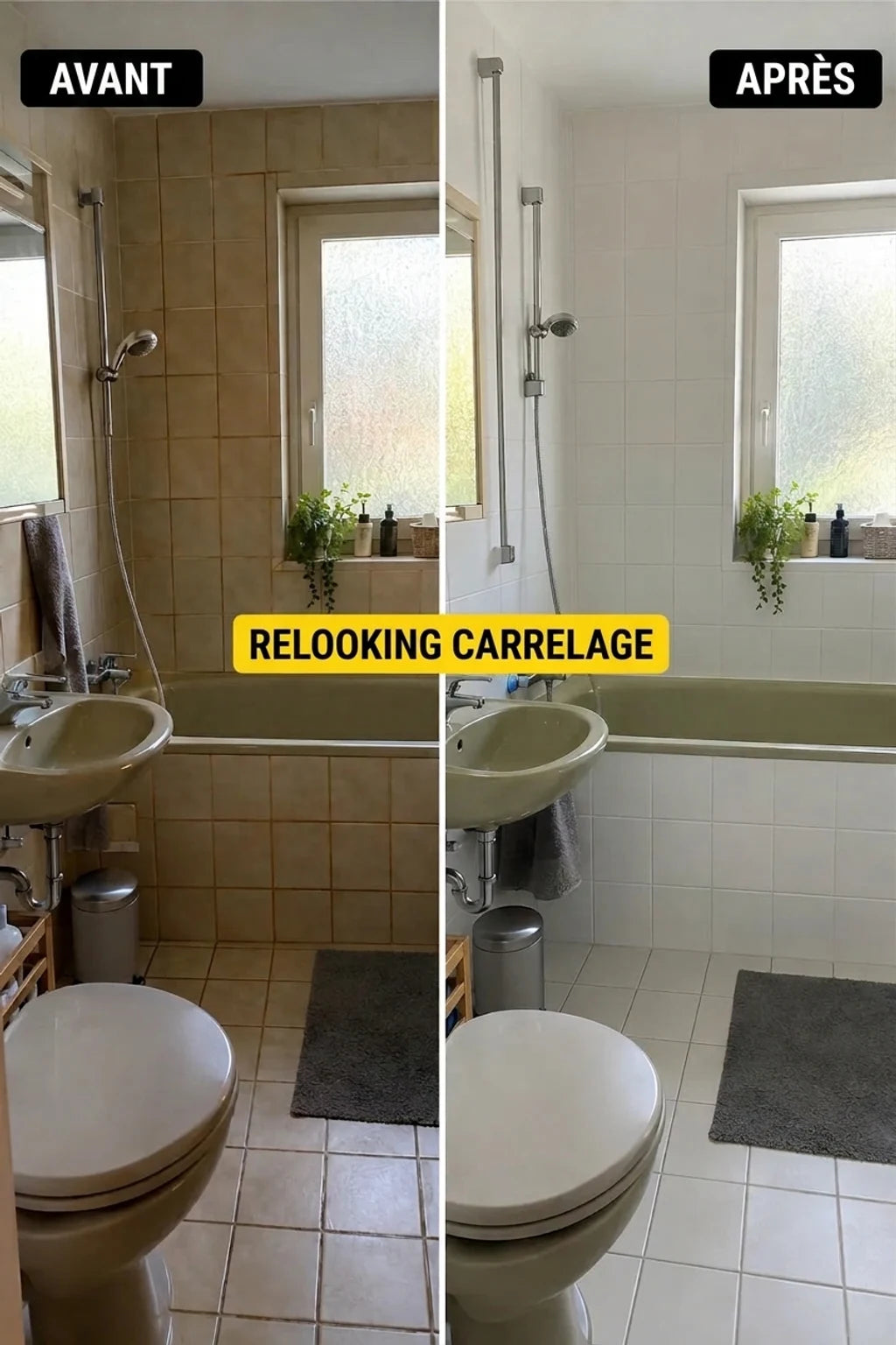 Salle de bains avant et après métamorphose : les vieux carrelages beiges ont laissé place à des carreaux blanc clair, rafraîchissant l'intérieur.