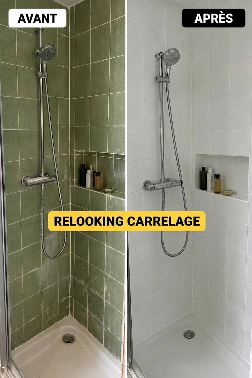 Avant et après métamorphose du carrelage de douche : les vieux carreaux verts remplacés par des nouveaux blancs.