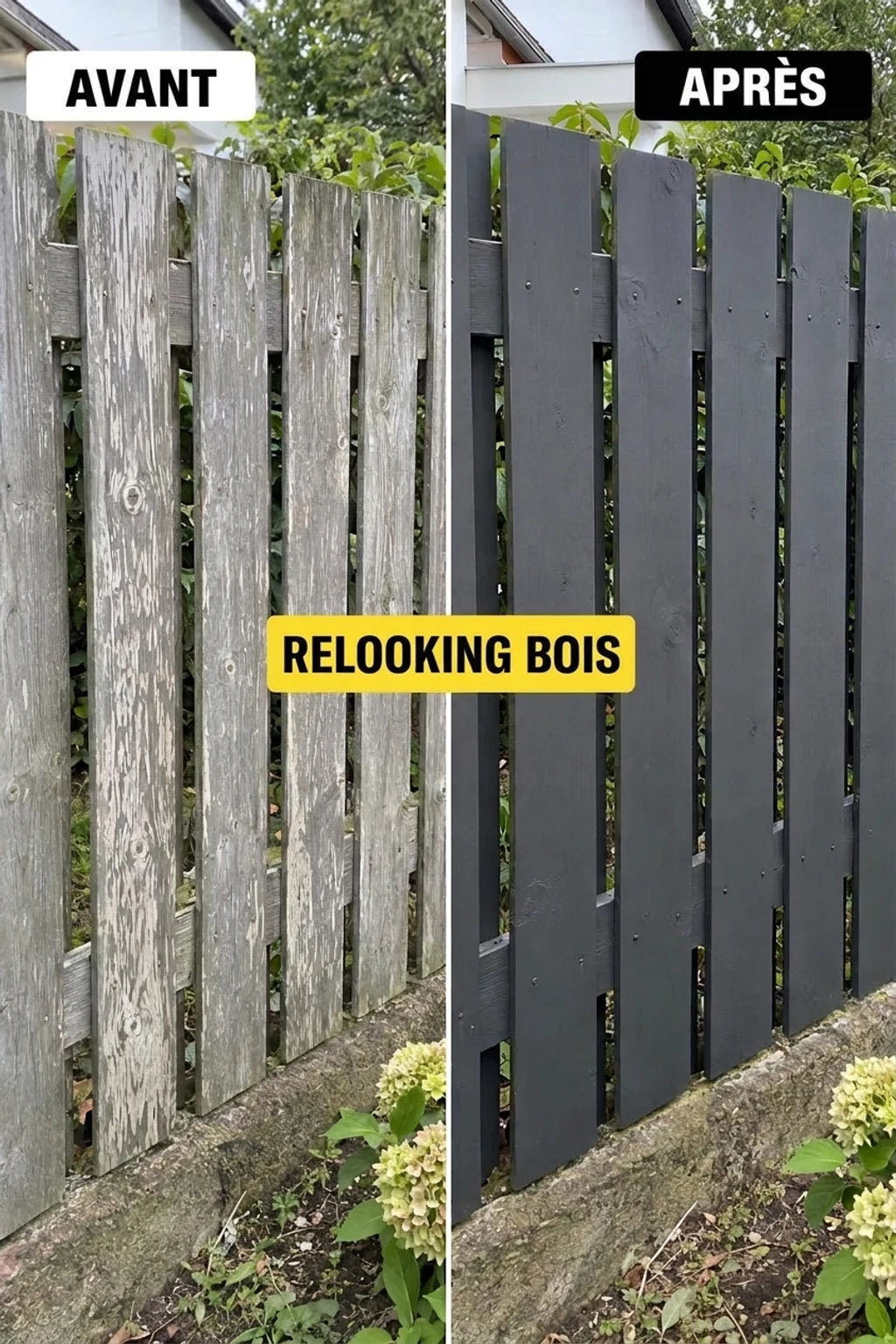 Clôture en bois : avant rénovation (grise, délavée) et après repeinture (gris foncé, rénovée).