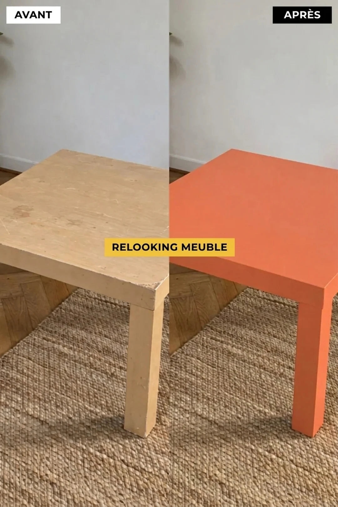 Avant et après rénovation : une table en bois clair abîmée transformée en une petite table moderne orange.