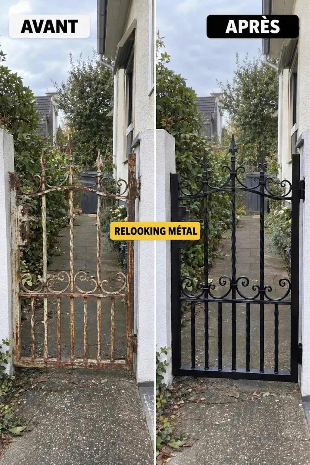 Rénovation d'un vieux portail métallique rouillé : avant et après, de la rouille à un noir élégant.