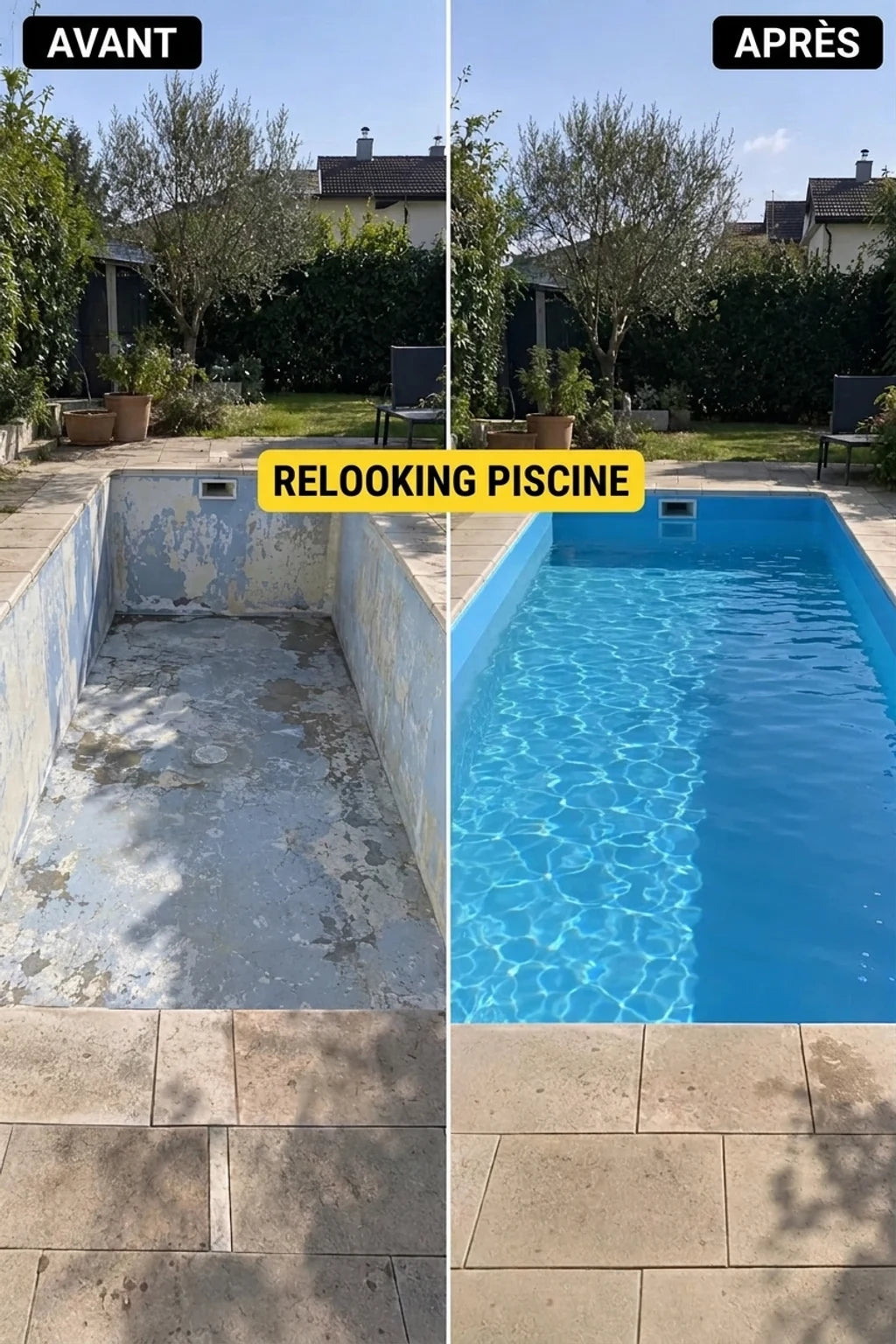 Rénovation de piscine : photo avant et après. Une piscine vide et endommagée transformée en une piscine propre et remplie d'eau bleue.