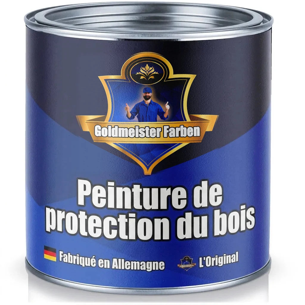 Pot de peinture bleu Goldmeister Farben pour protection bois, fabriqué en Allemagne. Le texte allemand est visible.