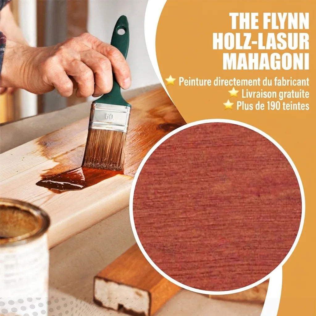 Application de lasure bois The Flynn couleur acajou au pinceau sur une planche, avec échantillon de teinte.