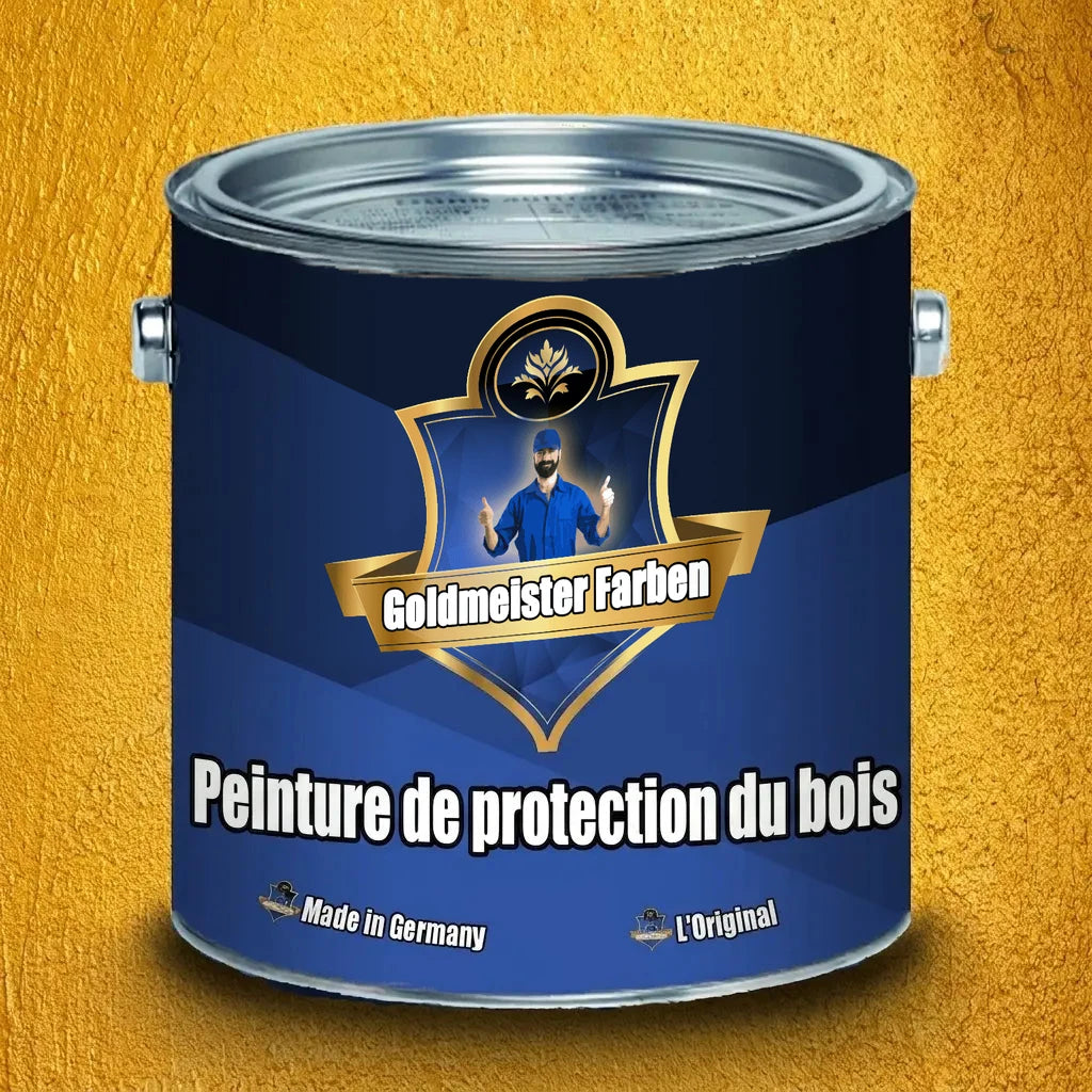 Bidon de peinture bleue Goldmeister Farben Holzschutzfarbe pour bois avec un homme souriant et fond or texturé.