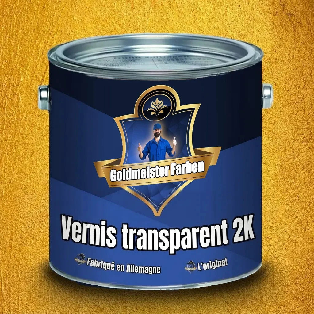 Pot de peinture bleu Goldmeister Farben 2-K Klarlack sur fond texturé doré. Made in Germany, Das Original.