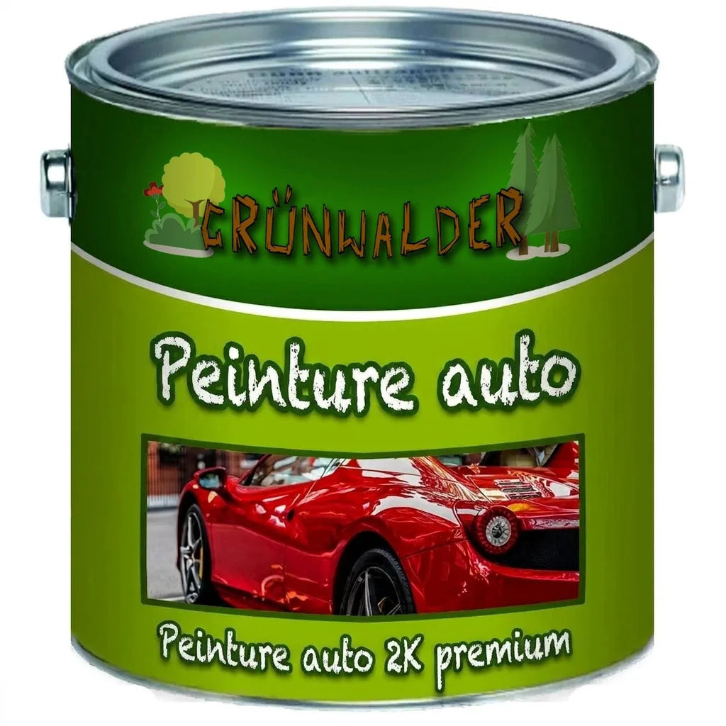 Pot de peinture vert GRÜNWALDER Autolack Premium 2K, illustrant une voiture de sport rouge.