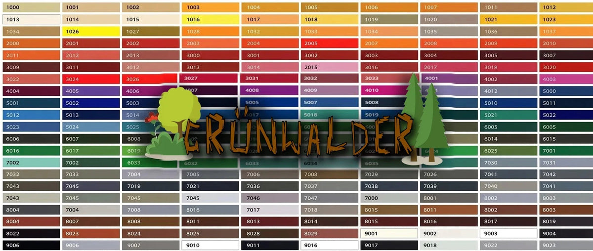 Nuancier de couleurs avec le texte allemand stylisé « GRÜNWALDER » et des illustrations d'arbres.