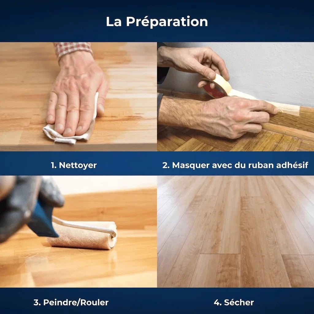 Image montrant 4 étapes de préparation et traitement d'un sol en bois : nettoyage, masquage, application, séchage.