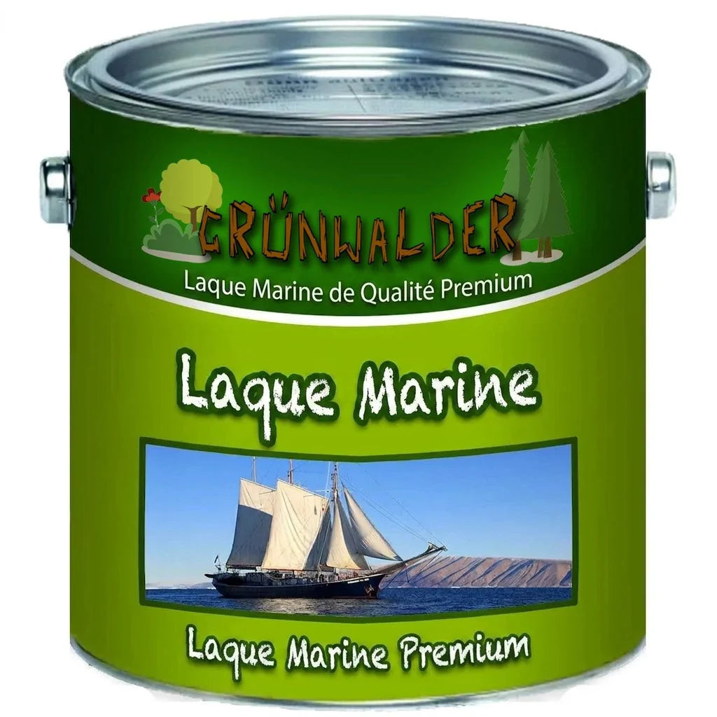 Pot de vernis pour bateaux Grünwalder avec un voilier sur l'étiquette, texte 'Bootslack' en allemand.
