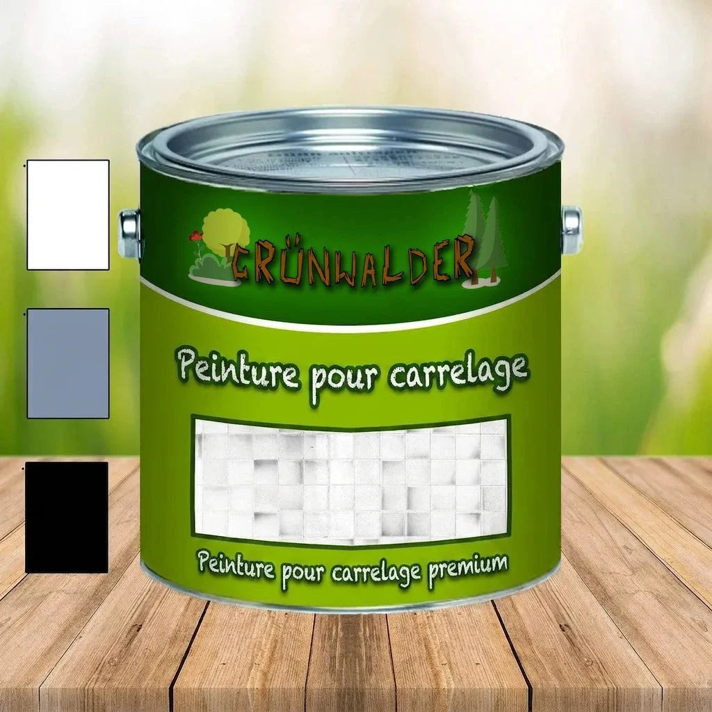 Pot de peinture pour carrelage Grünwalder, couleurs blanc, gris, noir, sur une table en bois.