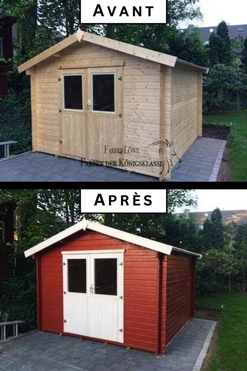 Cabane de jardin avant et après peinture, avec texte allemand "Vorher" et "Nacher"