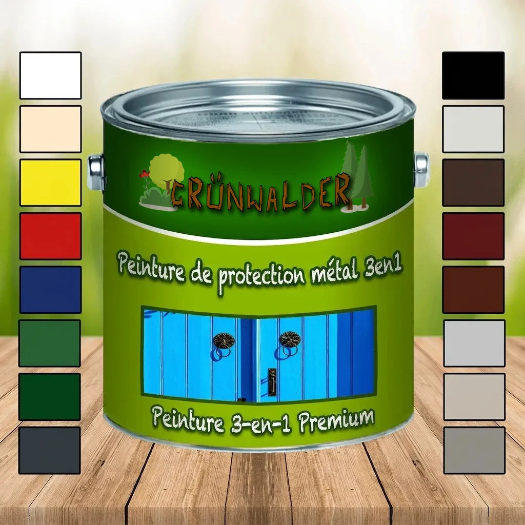 Pot de peinture premium Grünwalder 3en1 pour métal avec échantillons de couleurs, sur une table en bois.