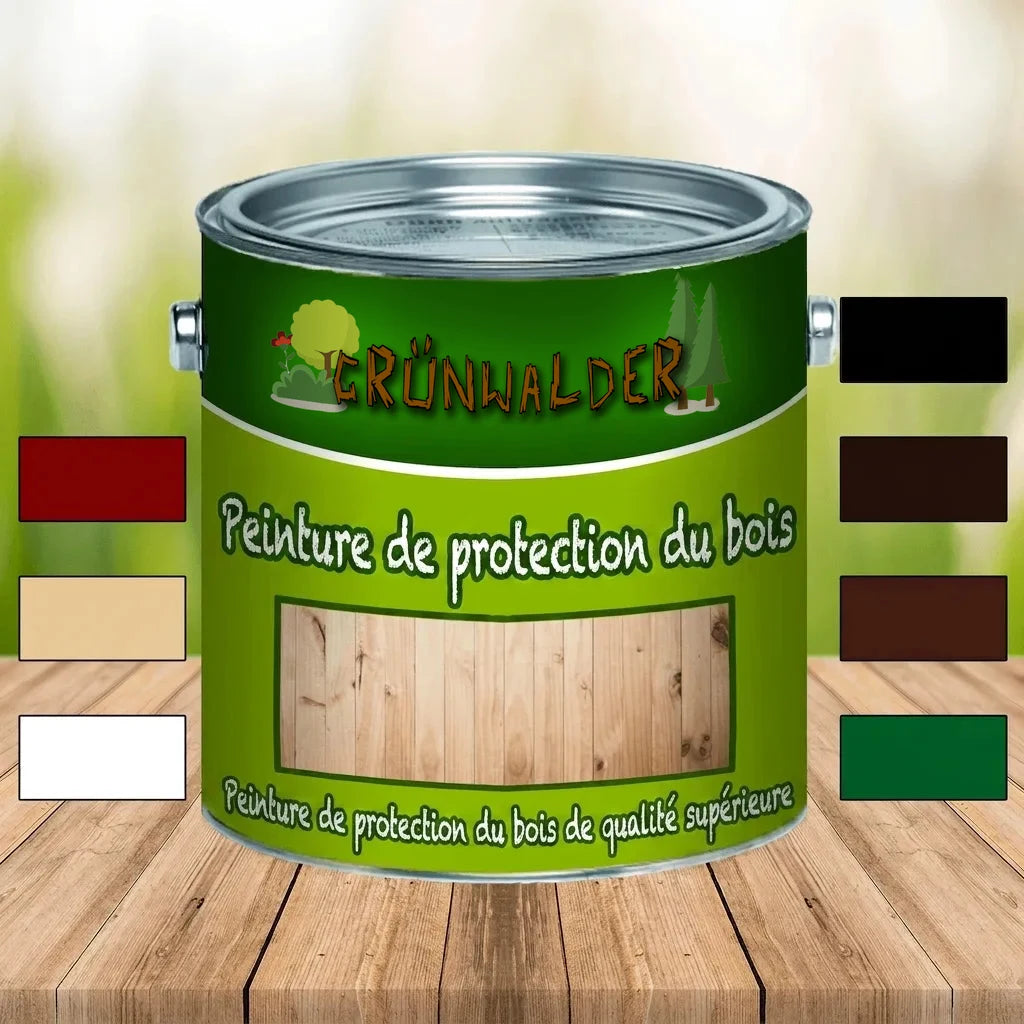 Pot de lasure bois Grünwalder premium avec nuancier: rouge, beige, blanc, noir, marron, vert.