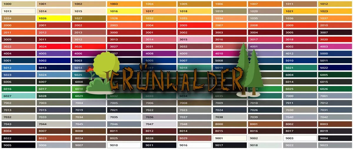 Nuancier de couleurs RAL avec codes numériques et le texte stylisé "GRÜNWALDER" au centre, accompagné d'illustrations de forêt.