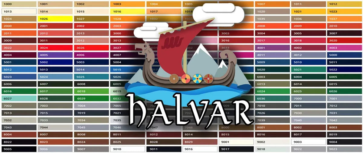 Nuancier de couleurs RAL avec un drakkar viking et le nom Halvar au premier plan.