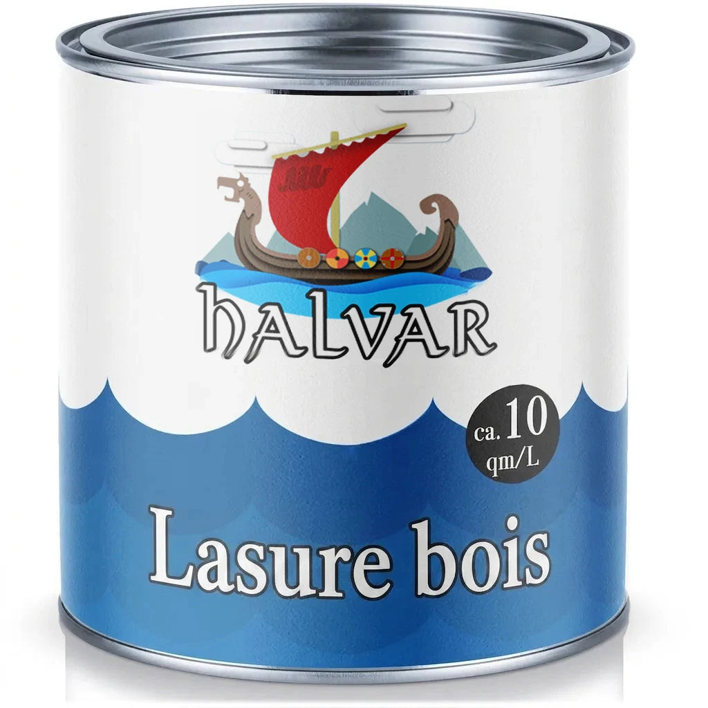 Pot de lasure bois HALVAR avec un bateau viking, indiquant une couverture d'environ 10 m²/L.