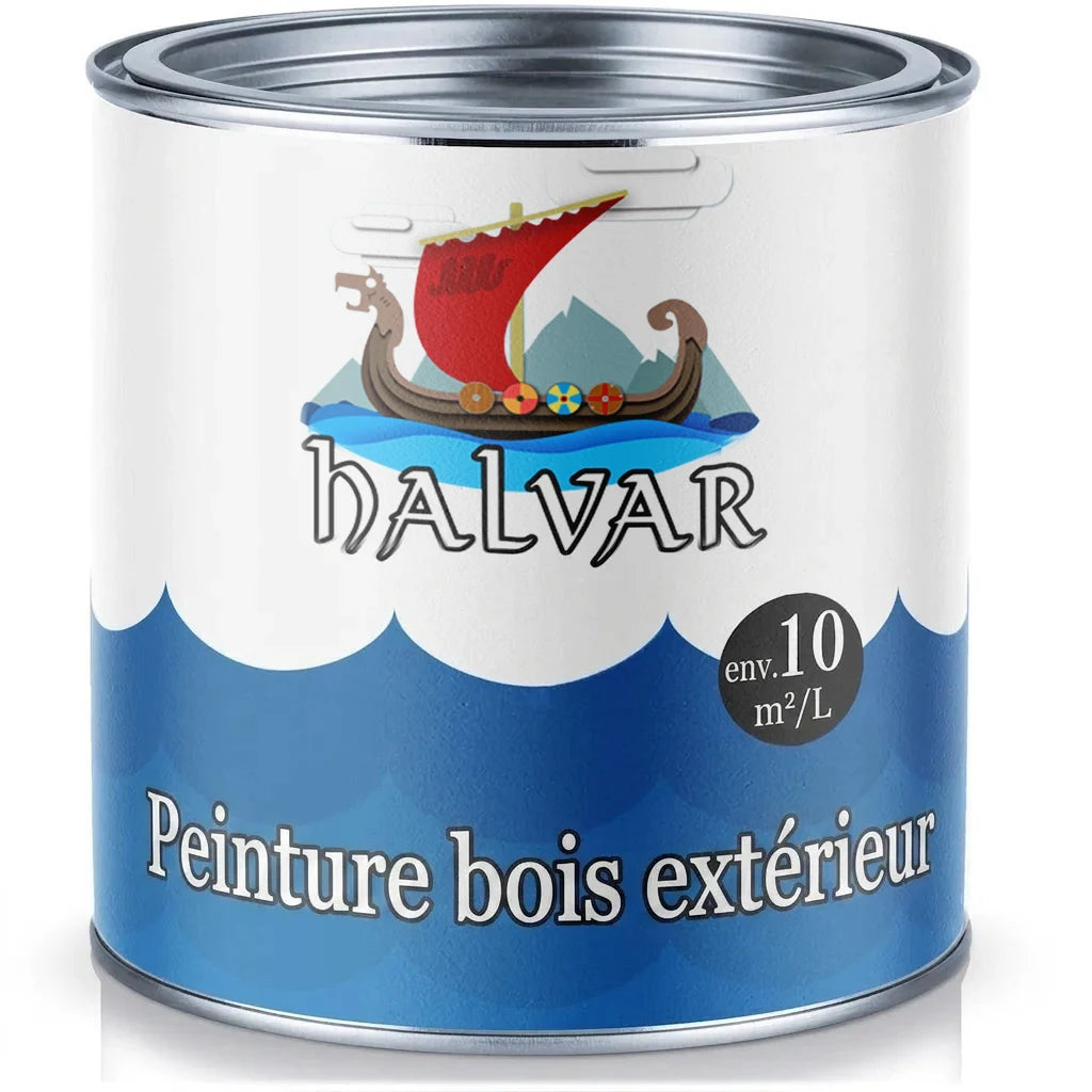 Pot de peinture HALVAR pour protection du bois, décor drakkar et montagnes. Rendement env. 10 m²/L.