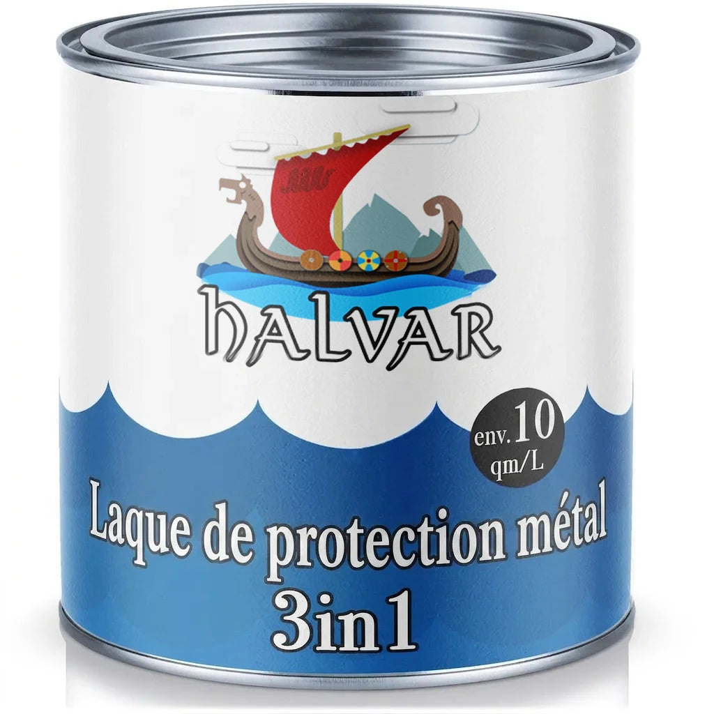 Pot de peinture métal HALVAR, laque protectrice 3-en-1 pour protection des métaux, rendement 10 m²/L.
