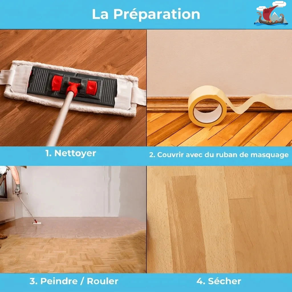 Préparation et traitement d'un parquet en 4 étapes : nettoyage, masquage, application et séchage.