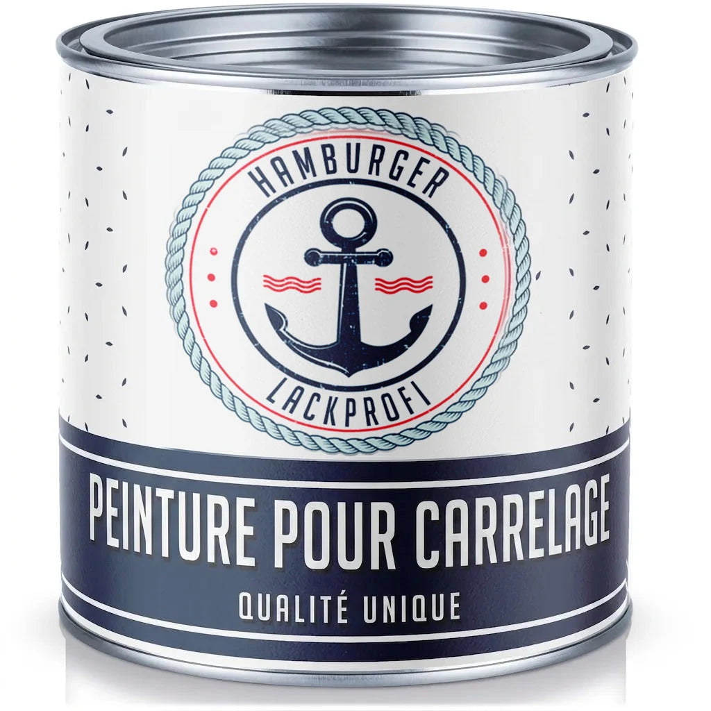 Pot de peinture Hamburger Lackprofi Fliesenlack (laque carrelage) avec mention « Qualité Unique » en allemand.