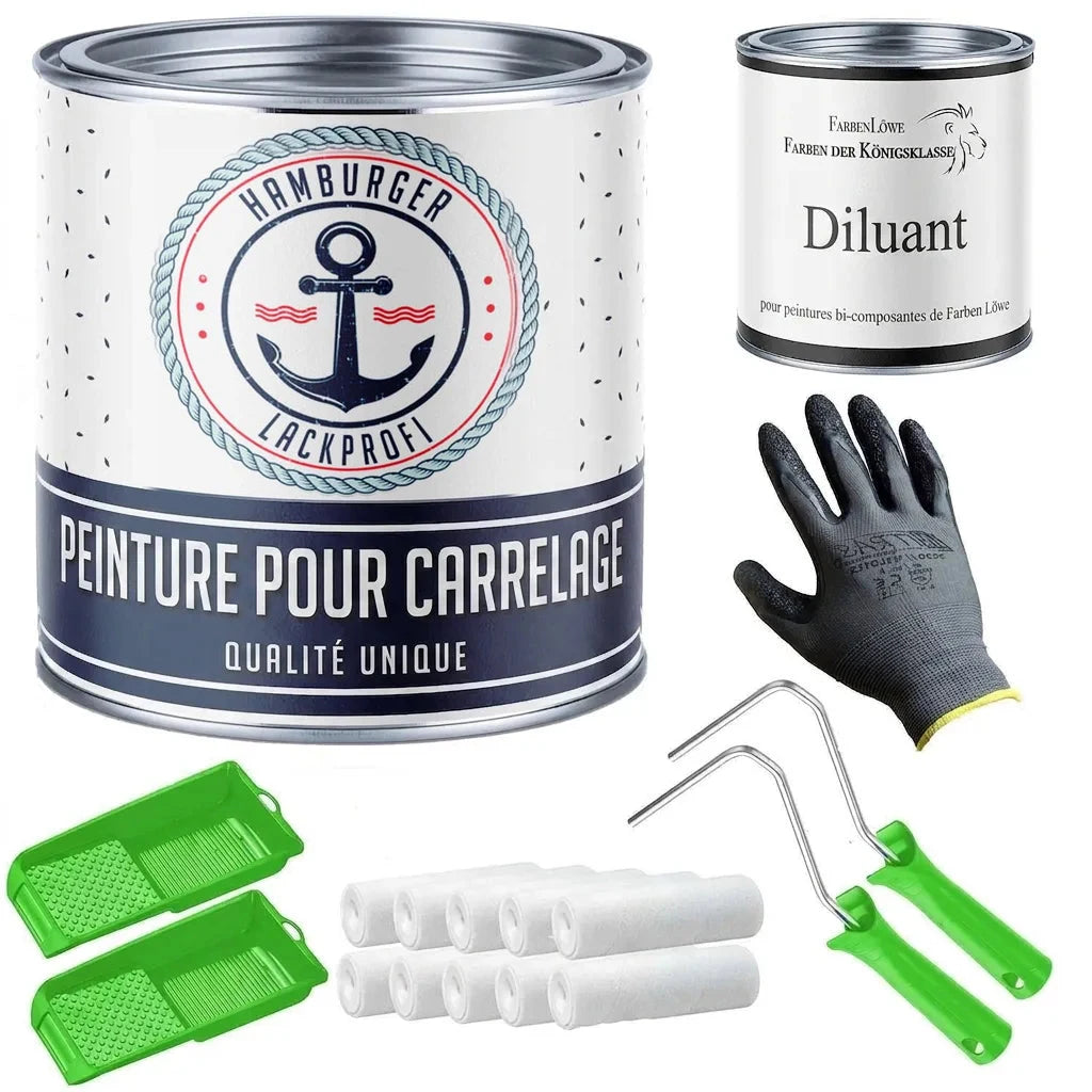 Vernis carrelage Hamburger Lackprofi, diluant Farben Löwe, gants, rouleaux et bacs à peinture.