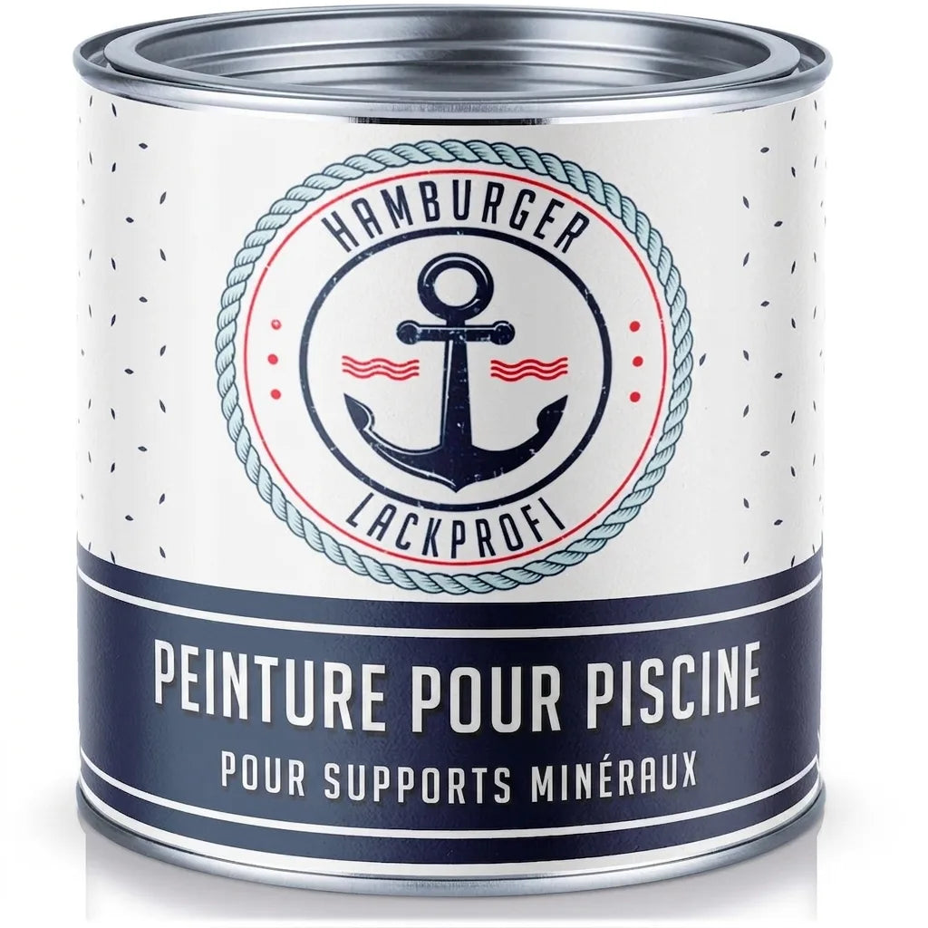 Pot de peinture de piscine Hamburger Lackprofi pour supports minéraux, avec ancre marine sur l'étiquette.