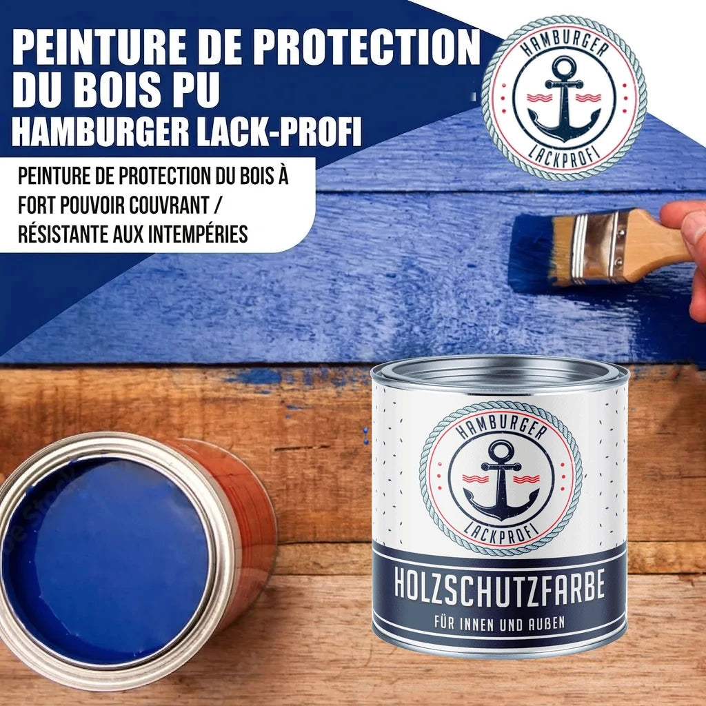 Peinture bois "Hamburger Lack-Profi" bleue. Pot ouvert et pinceau sur bois. "HOLZSCHUTZFARBE".